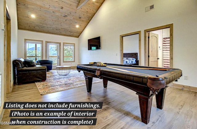 playroom with high vaulted ceiling, light wood-style flooring, wooden ceiling, and visible vents