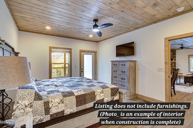 bedroom featuring wooden ceiling, multiple windows, and wood finished floors