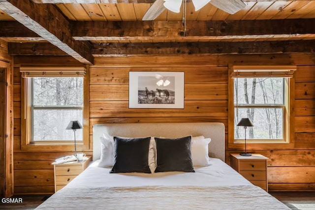 bedroom featuring wooden ceiling, multiple windows, and wooden walls