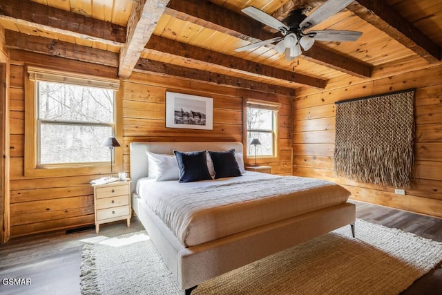 unfurnished bedroom with wooden ceiling, beamed ceiling, wooden walls, and wood finished floors