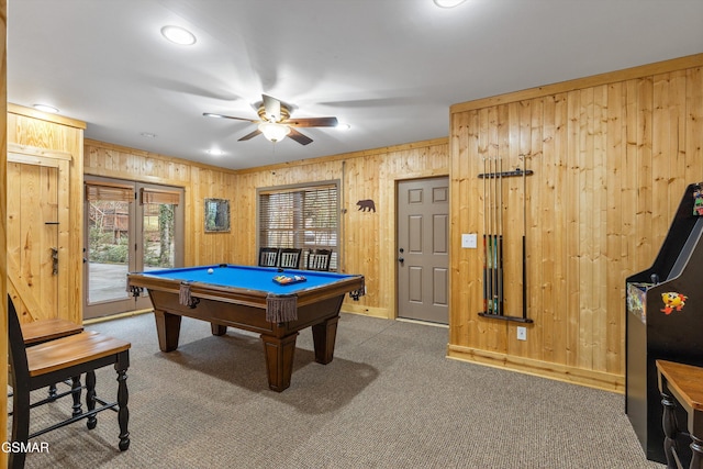 game room with ceiling fan, carpet floors, pool table, and wooden walls