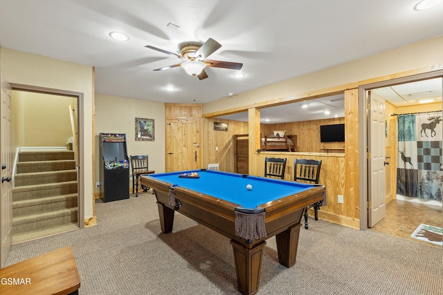 recreation room featuring recessed lighting, pool table, light carpet, ceiling fan, and wood walls