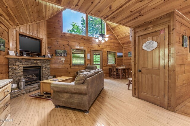 4110 Kidds Way Unit 5, Gatlinburg, TN 37738 - living area featuring wood ceiling, plenty of natural light, wood walls, light wood-type flooring, and a fireplace
