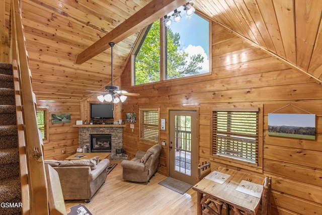 4110 Kidds Way Unit 5, Gatlinburg, TN 37738 - living area featuring a wood ceiling with exposed beams, stairs, wood walls, light wood-style flooring, and plenty of natural light