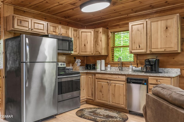 4110 Kidds Way Unit 5, Gatlinburg, TN 37738 - kitchen with stainless steel appliances, wood ceiling, light wood-style flooring, light stone countertops, and wooden walls