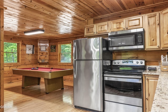4110 Kidds Way Unit 5, Gatlinburg, TN 37738 - kitchen featuring stainless steel appliances, wood ceiling, healthy amount of natural light, billiards table, and wood walls