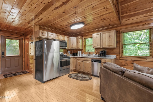 4110 Kidds Way Unit 5, Gatlinburg, TN 37738 - kitchen featuring appliances with stainless steel finishes, wood ceiling, light brown cabinetry, wood walls, and open floor plan
