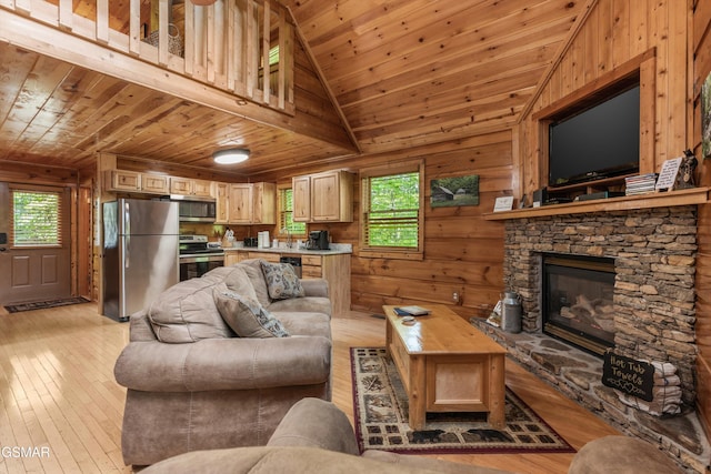 4110 Kidds Way Unit 5, Gatlinburg, TN 37738 - living area with wood ceiling, a stone fireplace, plenty of natural light, light wood-type flooring, and wooden walls