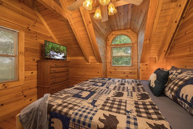 bedroom with lofted ceiling with beams, wooden ceiling, and wooden walls