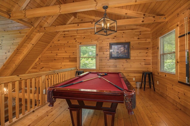 recreation room with wooden walls, light hardwood / wood-style floors, wooden ceiling, and pool table