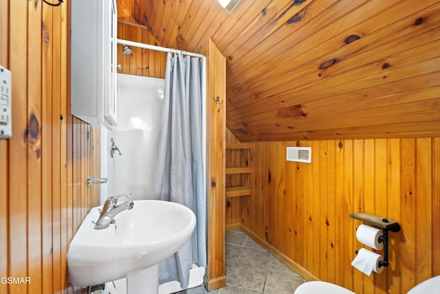 2295 Bluff Mountain Rd, Sevierville, TN 37876 - full bathroom with a shower with curtain, tile patterned floors, wood walls, a sink, and wood ceiling