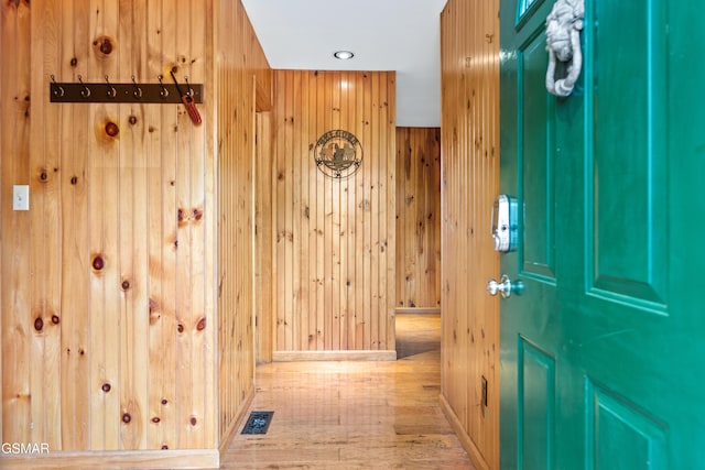 2295 Bluff Mountain Rd, Sevierville, TN 37876 - hallway with wooden walls, wood finished floors, baseboards, and recessed lighting
