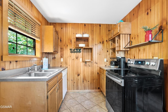 2295 Bluff Mountain Rd, Sevierville, TN 37876 - kitchen featuring electric stove, dishwasher, wooden walls, open shelves, and light tile patterned flooring