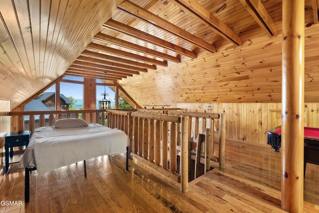 2295 Bluff Mountain Rd, Sevierville, TN 37876 - bedroom featuring wood walls, wooden ceiling, and hardwood / wood-style floors