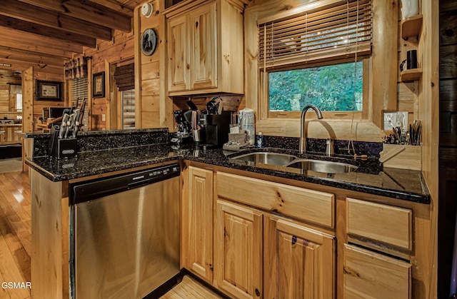 kitchen with kitchen peninsula, sink, dark stone countertops, and stainless steel dishwasher