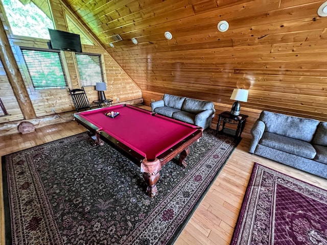 recreation room with hardwood / wood-style flooring, wood ceiling, pool table, and vaulted ceiling