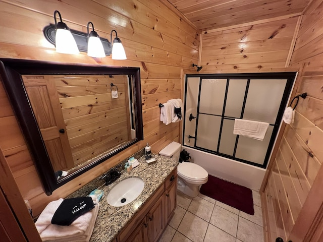 full bathroom featuring tile patterned flooring, shower / bath combination with glass door, wood walls, and wooden ceiling