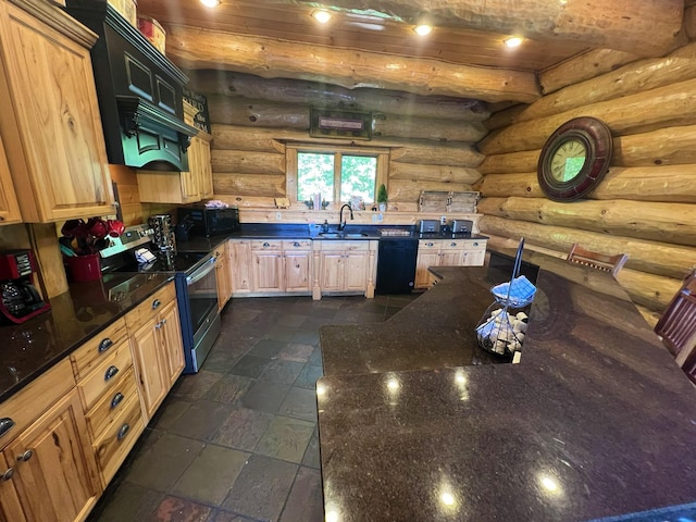 kitchen featuring light brown cabinetry, log walls, and black appliances