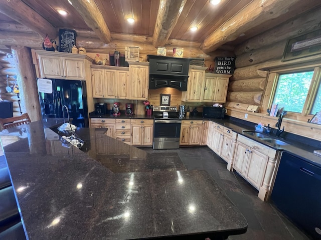 kitchen with rustic walls, stainless steel electric range oven, beamed ceiling, black fridge with ice dispenser, and wood ceiling