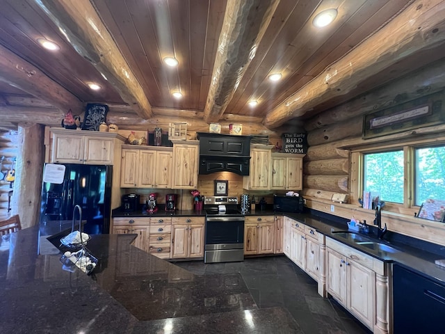 kitchen with beam ceiling, log walls, stainless steel electric stove, black fridge with ice dispenser, and wood ceiling