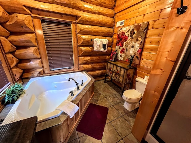 bathroom featuring toilet, a bath, rustic walls, and tile patterned floors