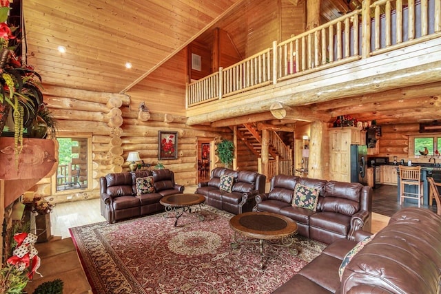 living room with wood ceiling, high vaulted ceiling, and log walls