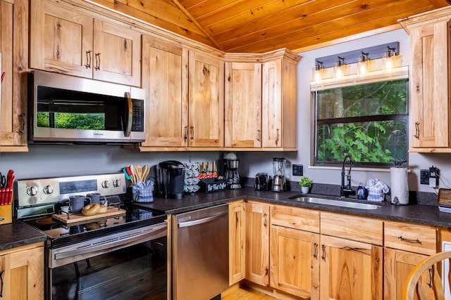 kitchen featuring dark stone countertops, sink, lofted ceiling, and stainless steel appliances