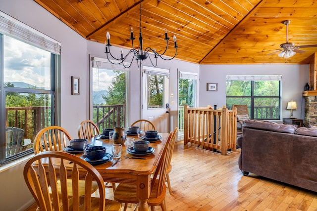 dining area featuring ceiling fan with notable chandelier, lofted ceiling, light hardwood / wood-style floors, and wooden ceiling