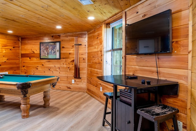 recreation room with wood walls, wood-type flooring, wooden ceiling, and pool table