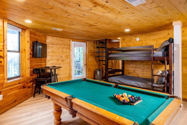 game room featuring a healthy amount of sunlight, wood-type flooring, wood ceiling, and billiards