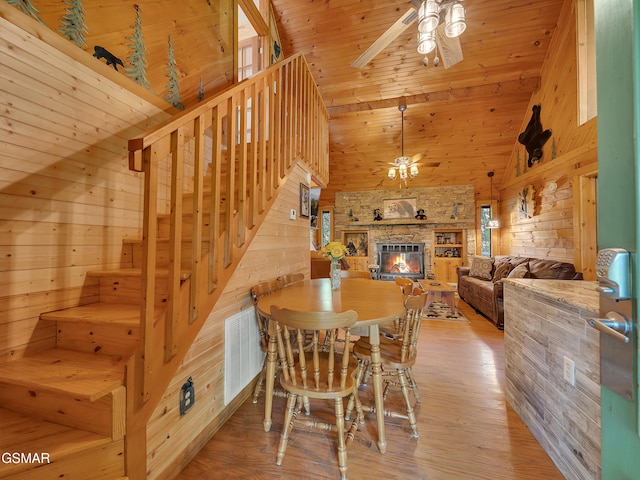 1518 Ridgecrest Dr, Sevierville, TN 37876 - dining space featuring a ceiling fan, wooden walls, high vaulted ceiling, wood finished floors, and a fireplace