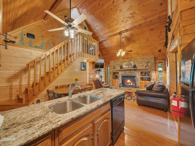 1518 Ridgecrest Dr, Sevierville, TN 37876 - kitchen featuring dishwasher, a sink, high vaulted ceiling, wood walls, and wooden ceiling