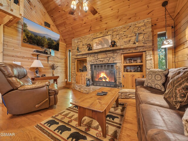 1518 Ridgecrest Dr, Sevierville, TN 37876 - living area featuring wooden walls, a ceiling fan, high vaulted ceiling, a fireplace, and wood finished floors
