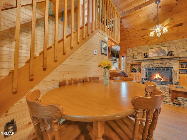 1518 Ridgecrest Dr, Sevierville, TN 37876 - dining room featuring a ceiling fan, a fireplace, wood finished floors, wooden walls, and wood ceiling
