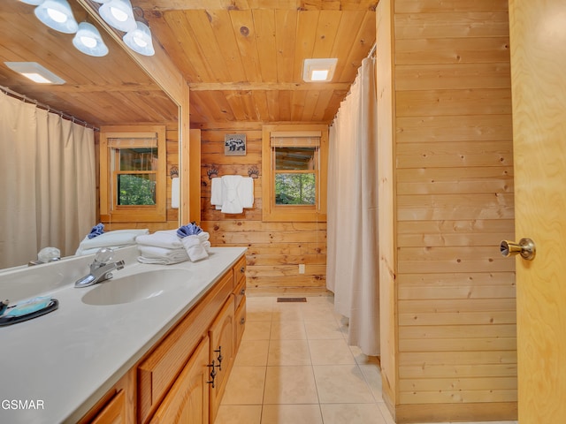 1518 Ridgecrest Dr, Sevierville, TN 37876 - full bath featuring wood ceiling, vanity, wood walls, tile patterned flooring, and a shower with curtain