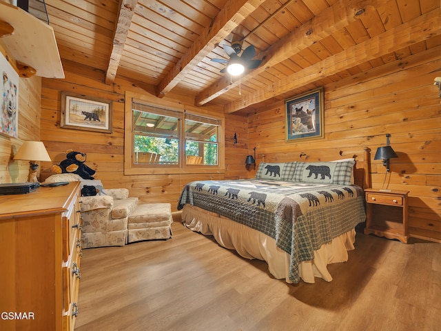 1518 Ridgecrest Dr, Sevierville, TN 37876 - bedroom featuring wooden ceiling with exposed beams, light wood-style floors, and wood walls