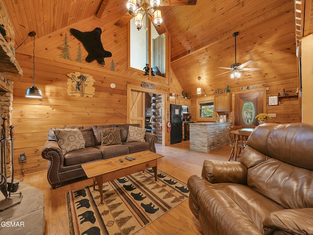 1518 Ridgecrest Dr, Sevierville, TN 37876 - living room featuring ceiling fan, wooden walls, light wood finished floors, high vaulted ceiling, and wood ceiling