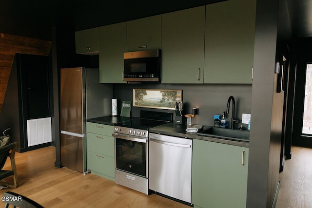 2008 Mindy Jo Way, Sevierville, TN 37862 - kitchen featuring appliances with stainless steel finishes, light wood-style flooring, dark countertops, and green cabinetry
