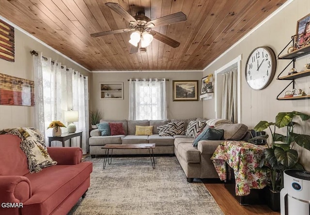 211 Valley Dr, Pigeon Forge, TN 37863 - living area featuring crown molding, wood ceiling, ceiling fan, and wood finished floors