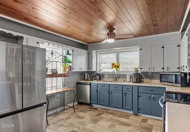 211 Valley Dr, Pigeon Forge, TN 37863 - kitchen with appliances with stainless steel finishes, wood ceiling, blue cabinets, light countertops, and ceiling fan