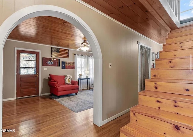 211 Valley Dr, Pigeon Forge, TN 37863 - staircase featuring wood ceiling, a ceiling fan, healthy amount of natural light, wood finished floors, and wood walls