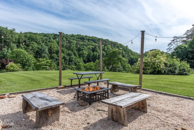 1315 Mccarter Hollow Rd, Sevierville, TN 37862 - view of home's community featuring an outdoor fire pit, a forest view, and a yard