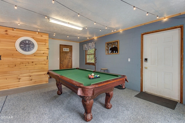 1315 Mccarter Hollow Rd, Sevierville, TN 37862 - game room featuring carpet, billiards table, a textured ceiling, and concrete block wall
