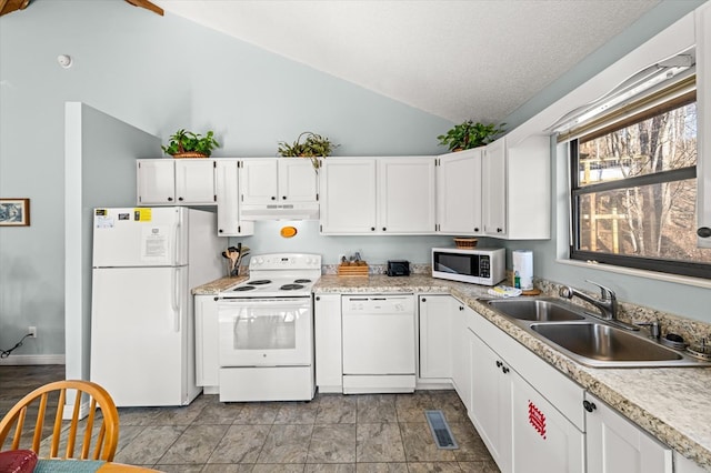 kitchen with white cabinetry, sink, lofted ceiling, a textured ceiling, and white appliances