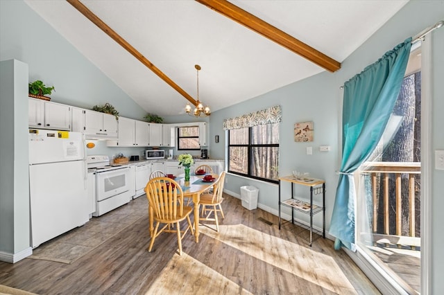 kitchen featuring hardwood / wood-style floors, white appliances, high vaulted ceiling, white cabinets, and beamed ceiling