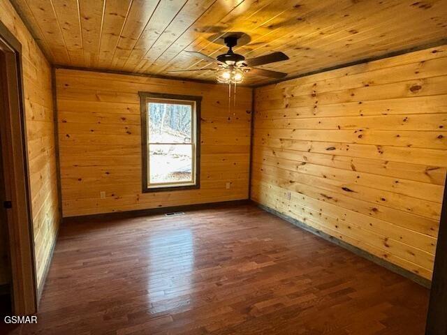 empty room with dark hardwood / wood-style floors, wood walls, and wood ceiling