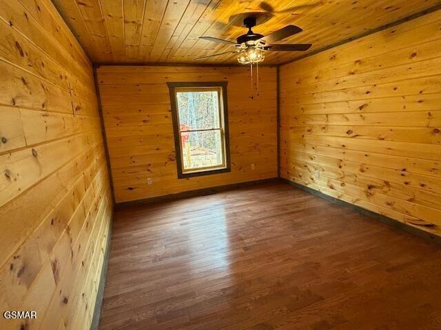 spare room with dark hardwood / wood-style floors, ceiling fan, wooden walls, and wood ceiling