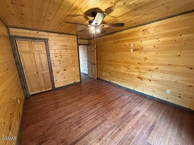 unfurnished room featuring ceiling fan, dark hardwood / wood-style floors, wooden ceiling, and wooden walls