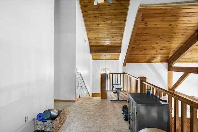 2517 Angler Way, Sevierville, TN 37876 - corridor with an upstairs landing, wood ceiling, and carpet
