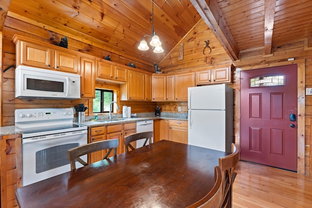 kitchen featuring white appliances, wooden walls, wooden ceiling, a chandelier, and a sink